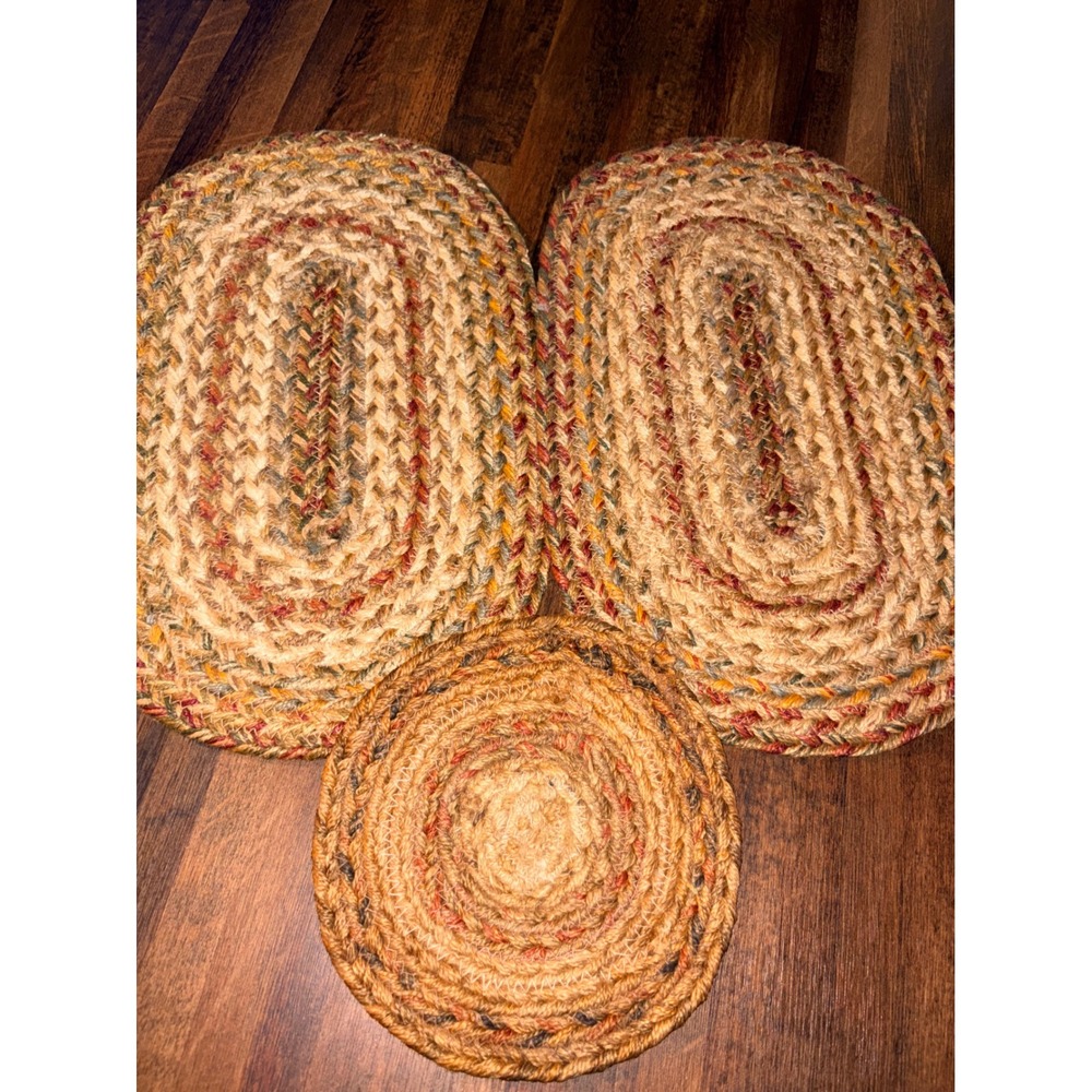 3pc Braided Jute Placemat Trivet Set Farmhouse Multi Color Oval Round Rustic